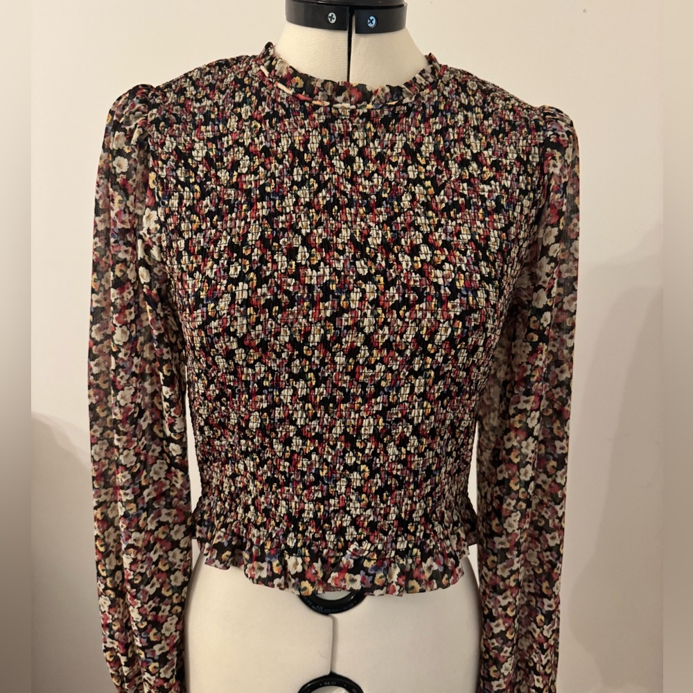Vici Floral Smocked Long Sleeve Blouse - Black with Multi Floral Size Medium